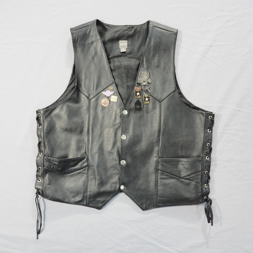 Wilson Leather Vest Mens Large Black Military Patches Fallen Heroes Eagle Biker